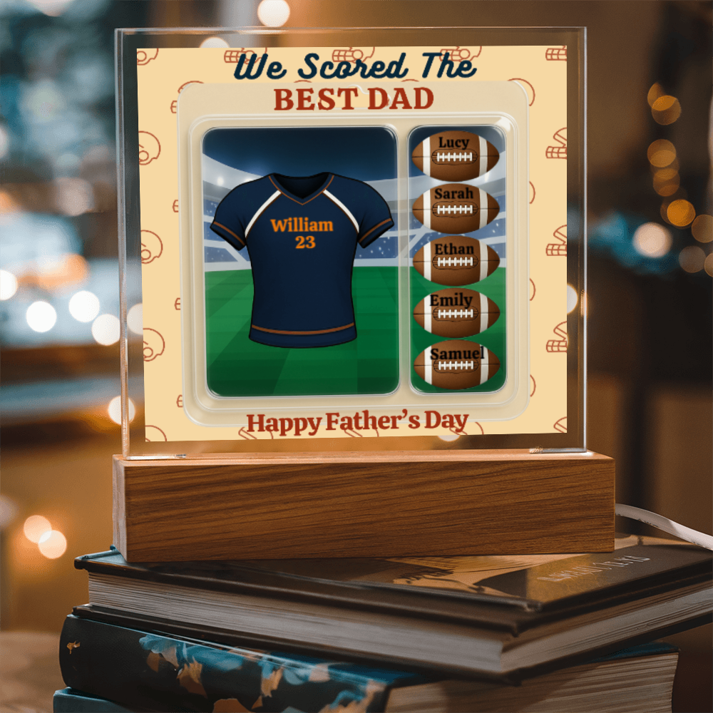 LED - Wooden Base Acrylic Square Plaque - Scored The Best Dad - Football